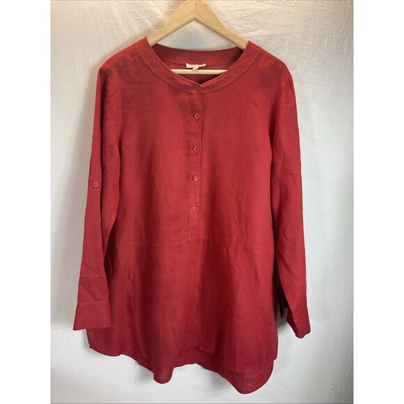 Eileen Fisher Tunic Top L Henley RUST‎ Blue Roll Tab popover 100% Linen - Picture 1 of 10